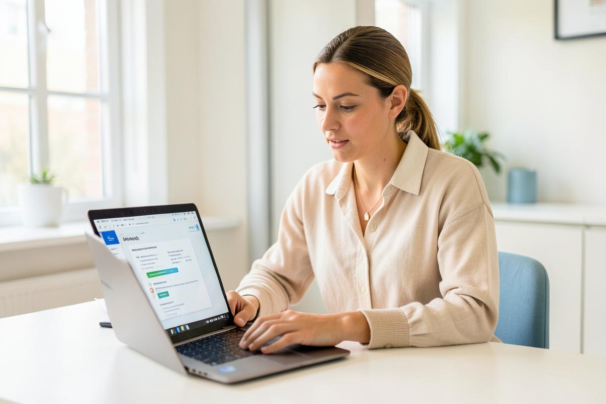 An account executive working through a simulation on her laptop